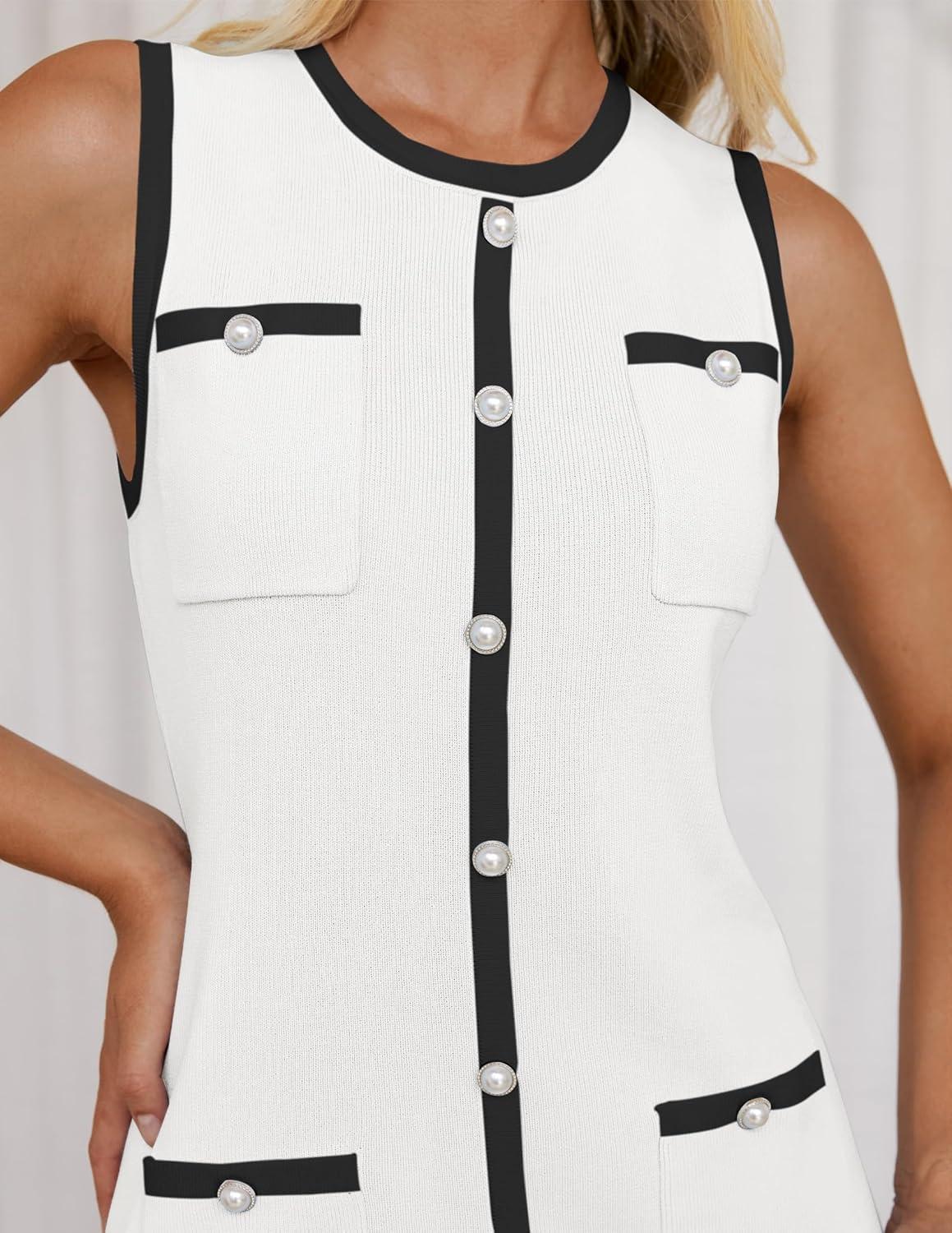 imageZESICA Womens 2026 Summer Sleeveless Mini Dress Elegant Crewneck Button Knit Bodycon Bussiness Office Short DressesWhite