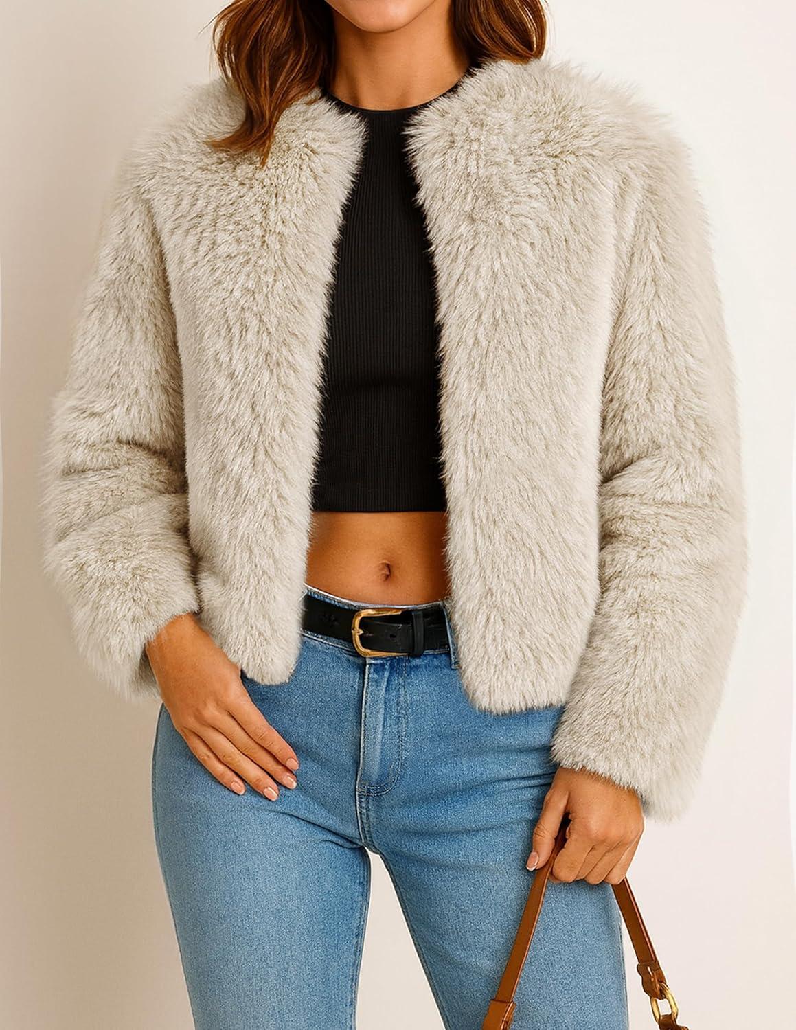 imageZESICA Womens 2026 Winter Faux Fur Coats Fluffy Cropped Jacket Long Sleeve Shaggy Outerwear Fall Clothes with PocketsApricot