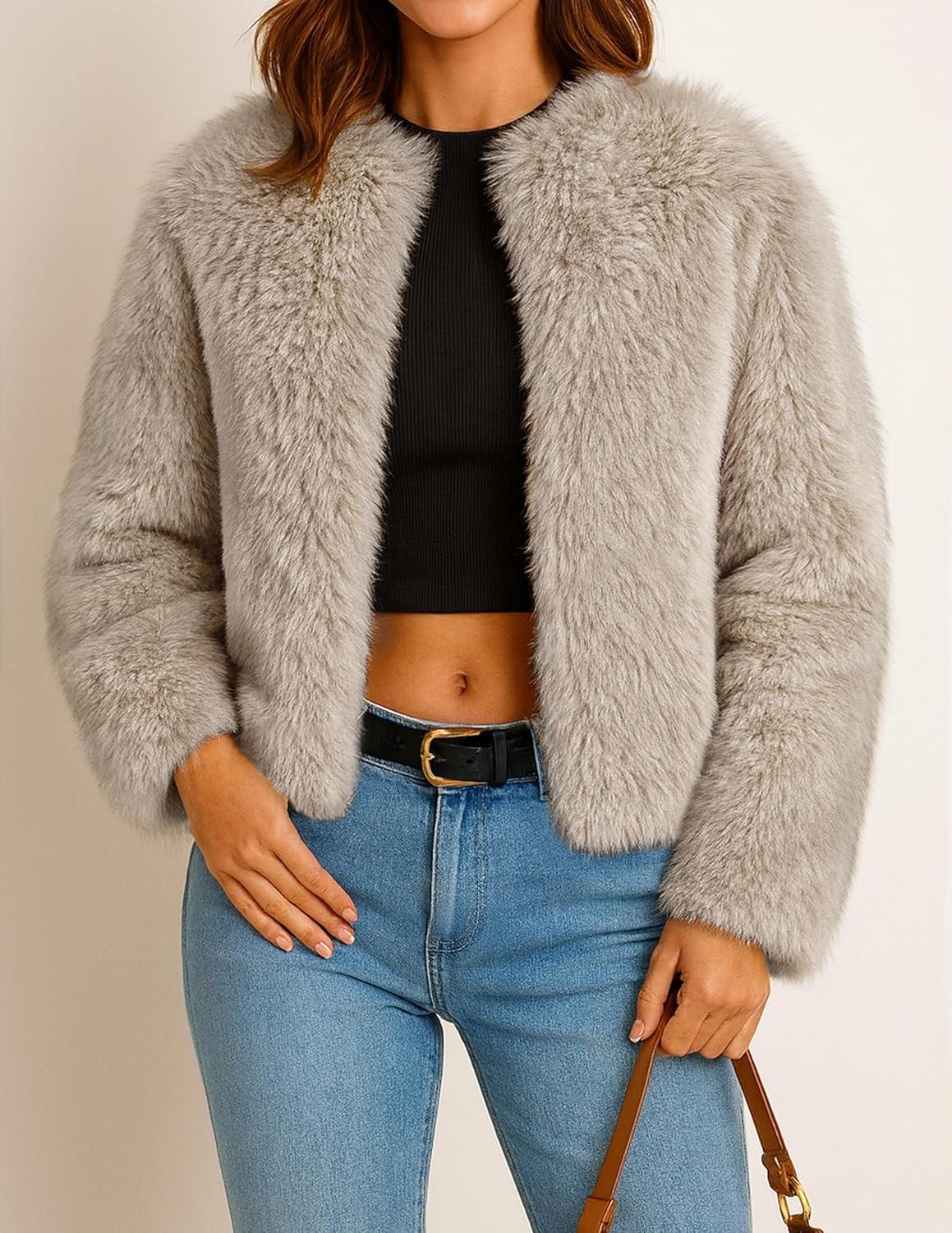 imageZESICA Womens 2026 Winter Faux Fur Coats Fluffy Cropped Jacket Long Sleeve Shaggy Outerwear Fall Clothes with PocketsOats