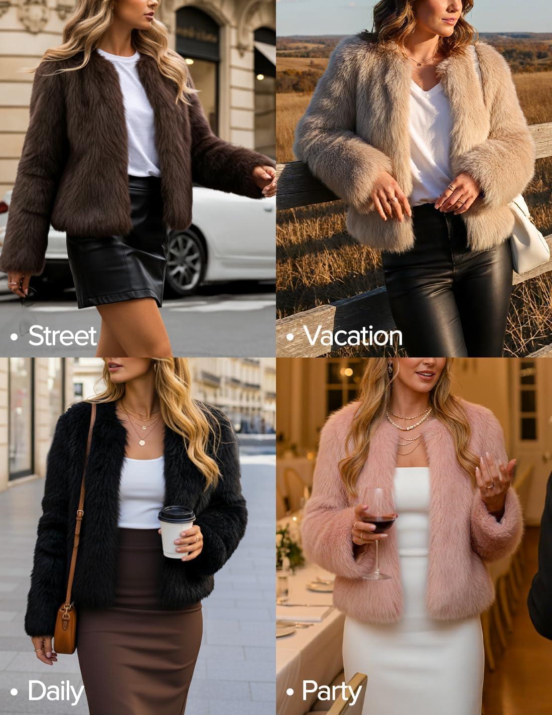 imageZESICA Womens 2026 Winter Faux Fur Coats Fluffy Cropped Jacket Long Sleeve Shaggy Outerwear Fall Clothes with PocketsOats