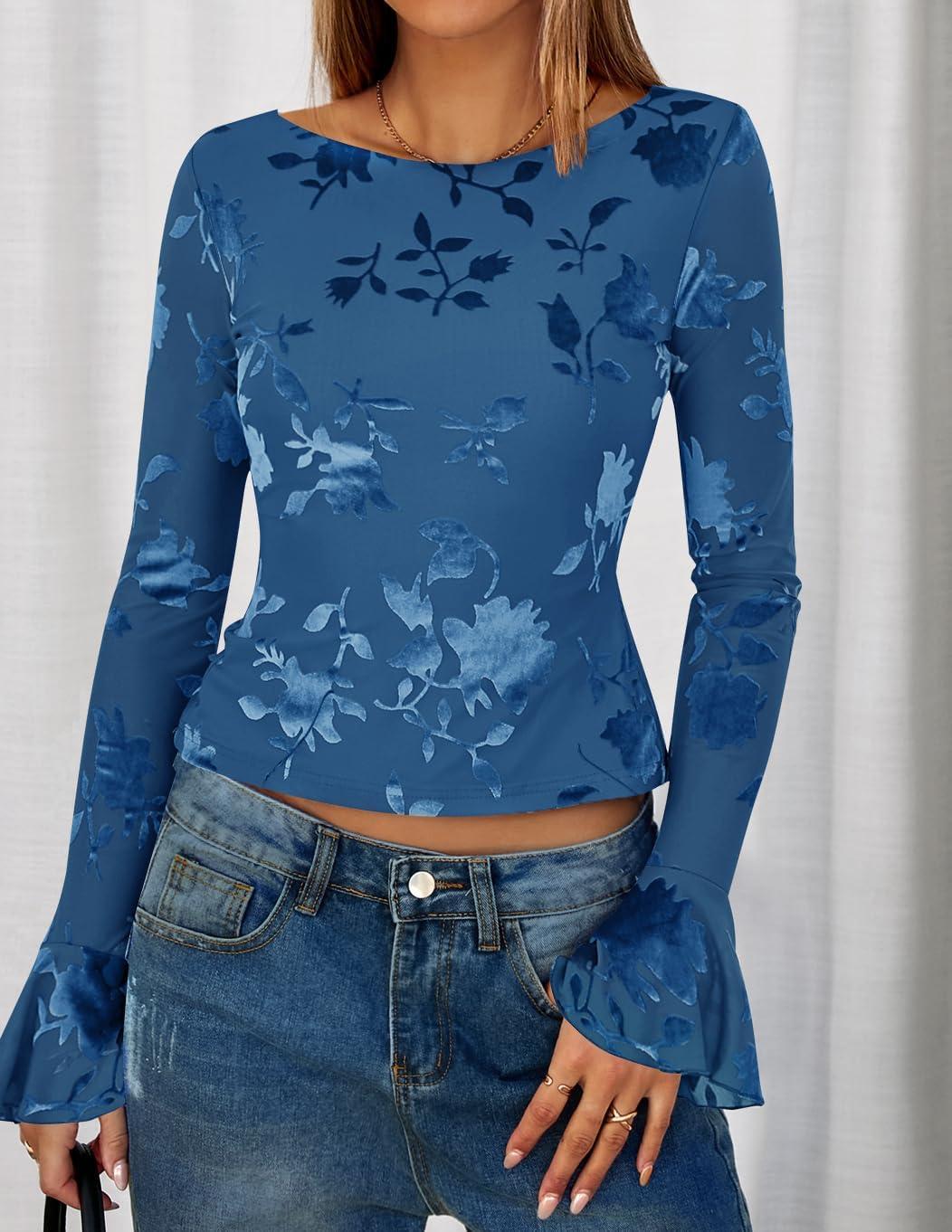 imageZESICA Womens Bell Long Sleeve Going Out Tops 2026 Spring Trendy Mesh Floral Fitted Shirts Cute Date Y2k Top OutfitsDarkblue