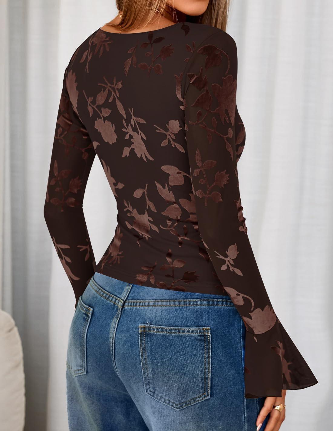 imageZESICA Womens Bell Long Sleeve Going Out Tops 2026 Spring Trendy Mesh Floral Fitted Shirts Cute Date Y2k Top OutfitsDarkbrown