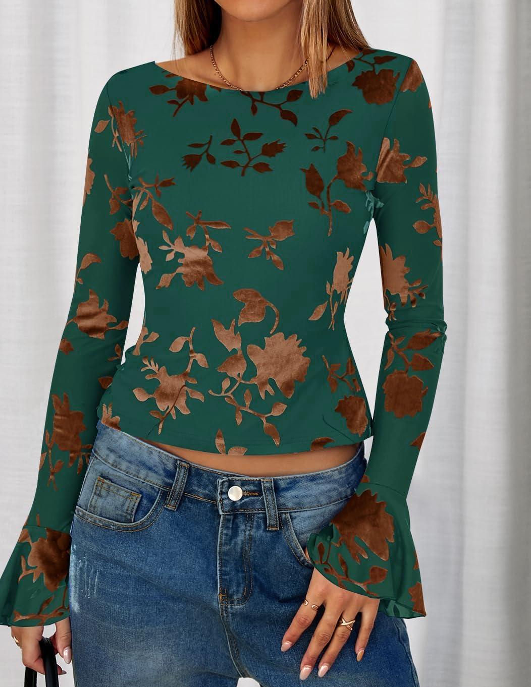imageZESICA Womens Bell Long Sleeve Going Out Tops 2026 Spring Trendy Mesh Floral Fitted Shirts Cute Date Y2k Top OutfitsDarkgreen