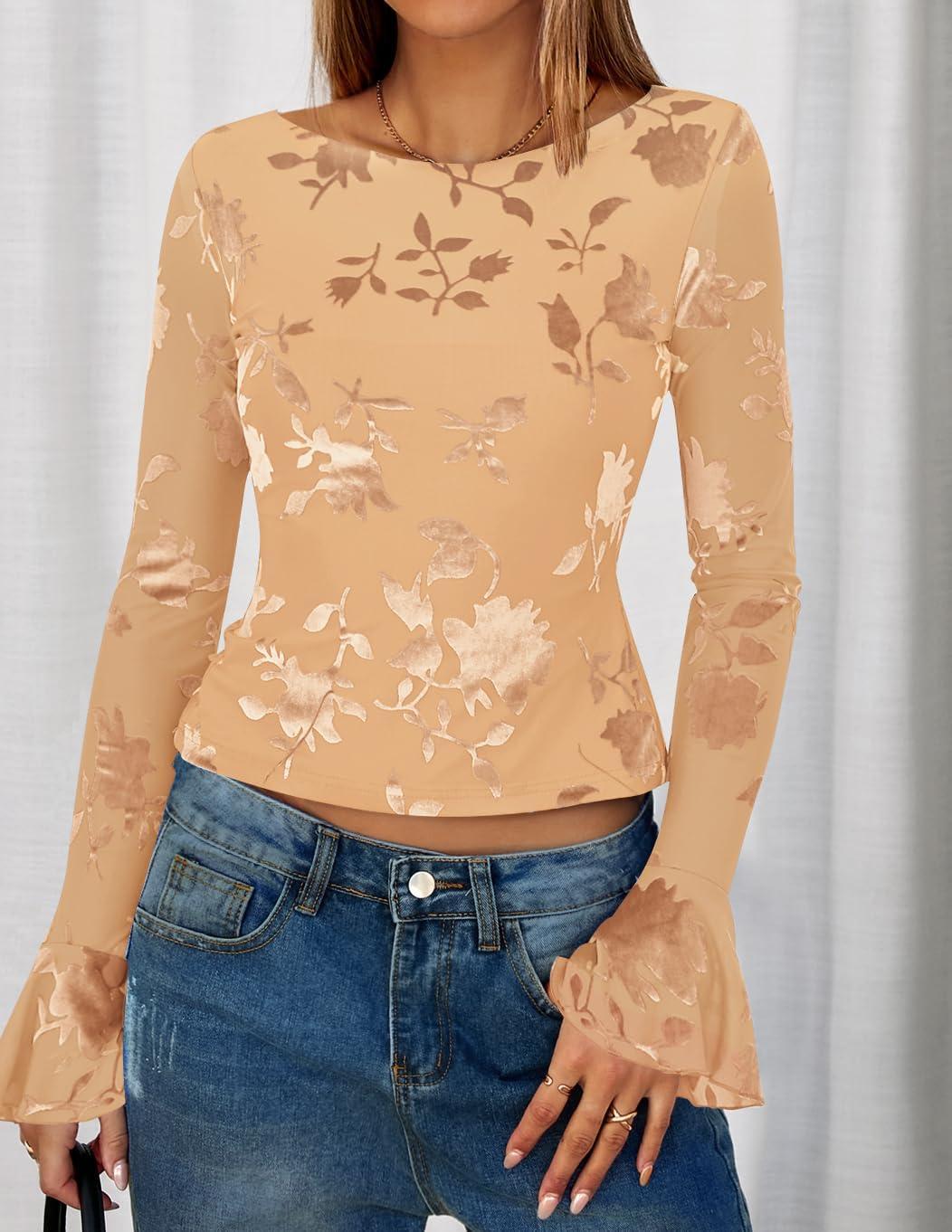 imageZESICA Womens Bell Long Sleeve Going Out Tops 2026 Spring Trendy Mesh Floral Fitted Shirts Cute Date Y2k Top OutfitsRedapricot