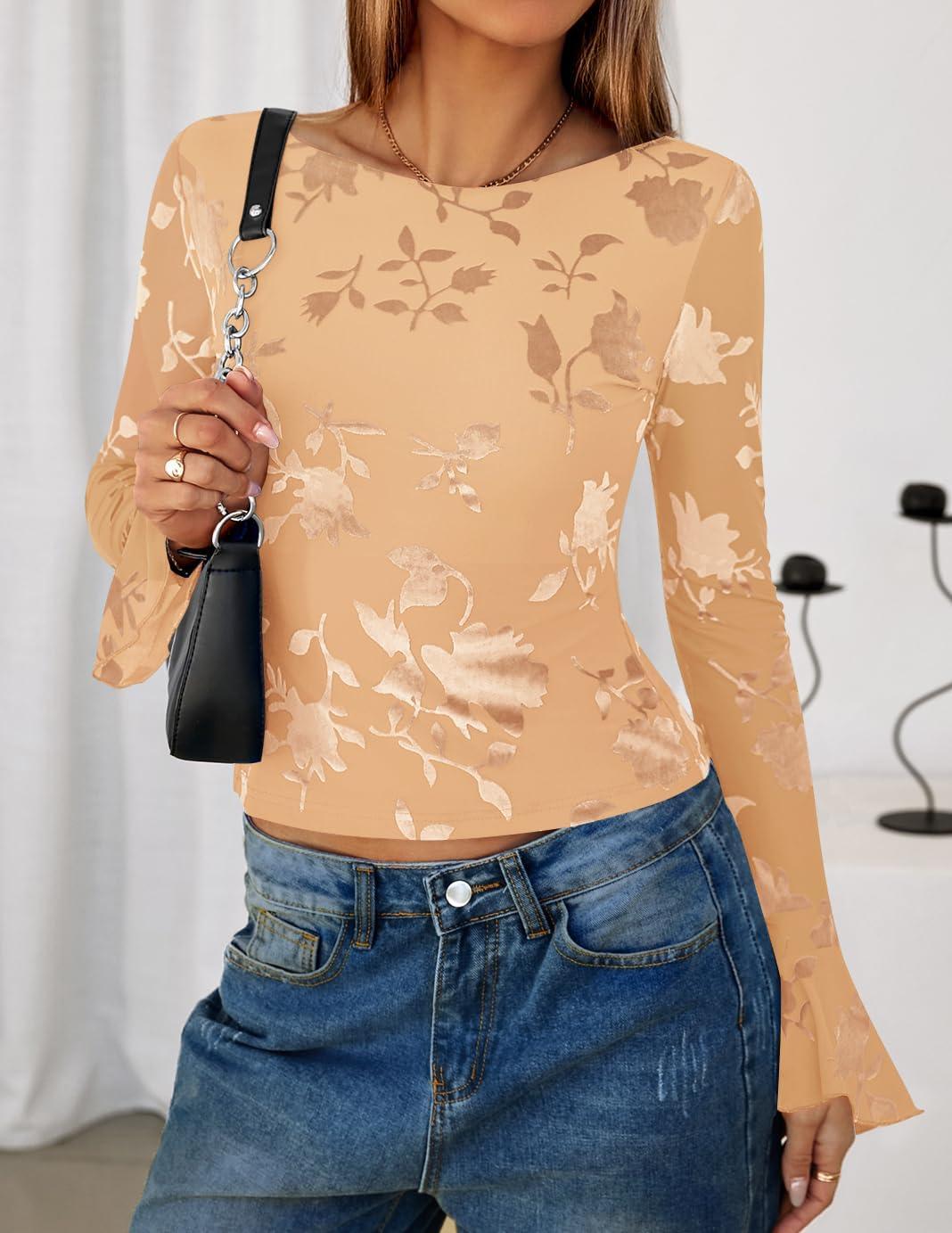 imageZESICA Womens Bell Long Sleeve Going Out Tops 2026 Spring Trendy Mesh Floral Fitted Shirts Cute Date Y2k Top OutfitsRedapricot