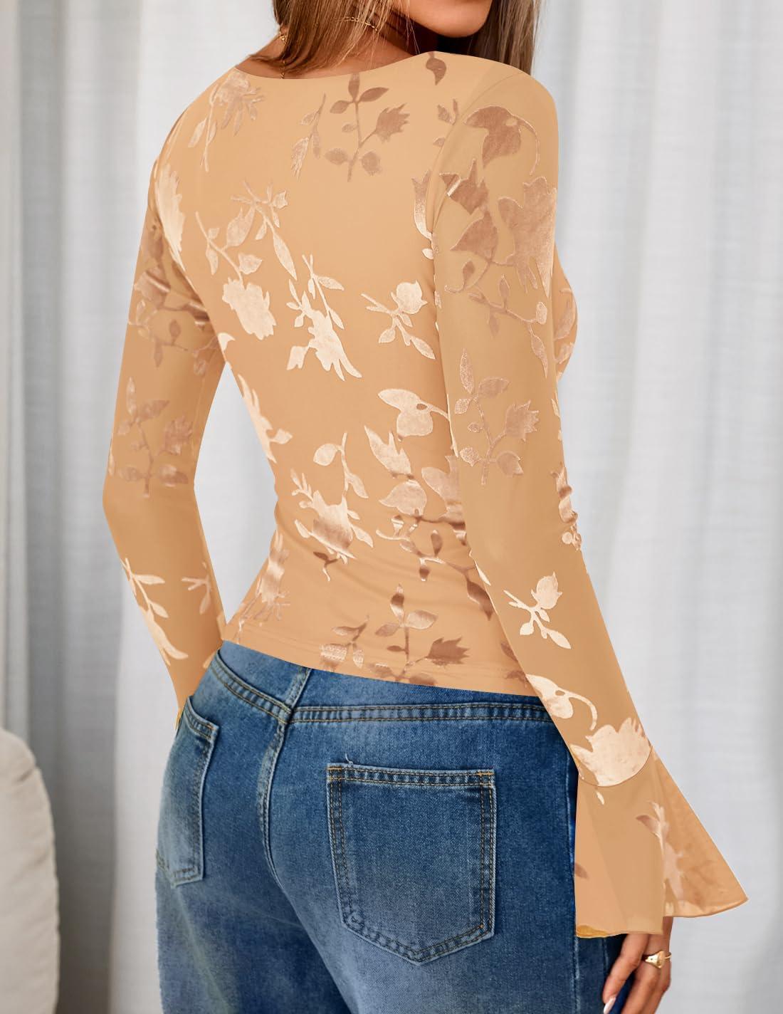 imageZESICA Womens Bell Long Sleeve Going Out Tops 2026 Spring Trendy Mesh Floral Fitted Shirts Cute Date Y2k Top OutfitsRedapricot