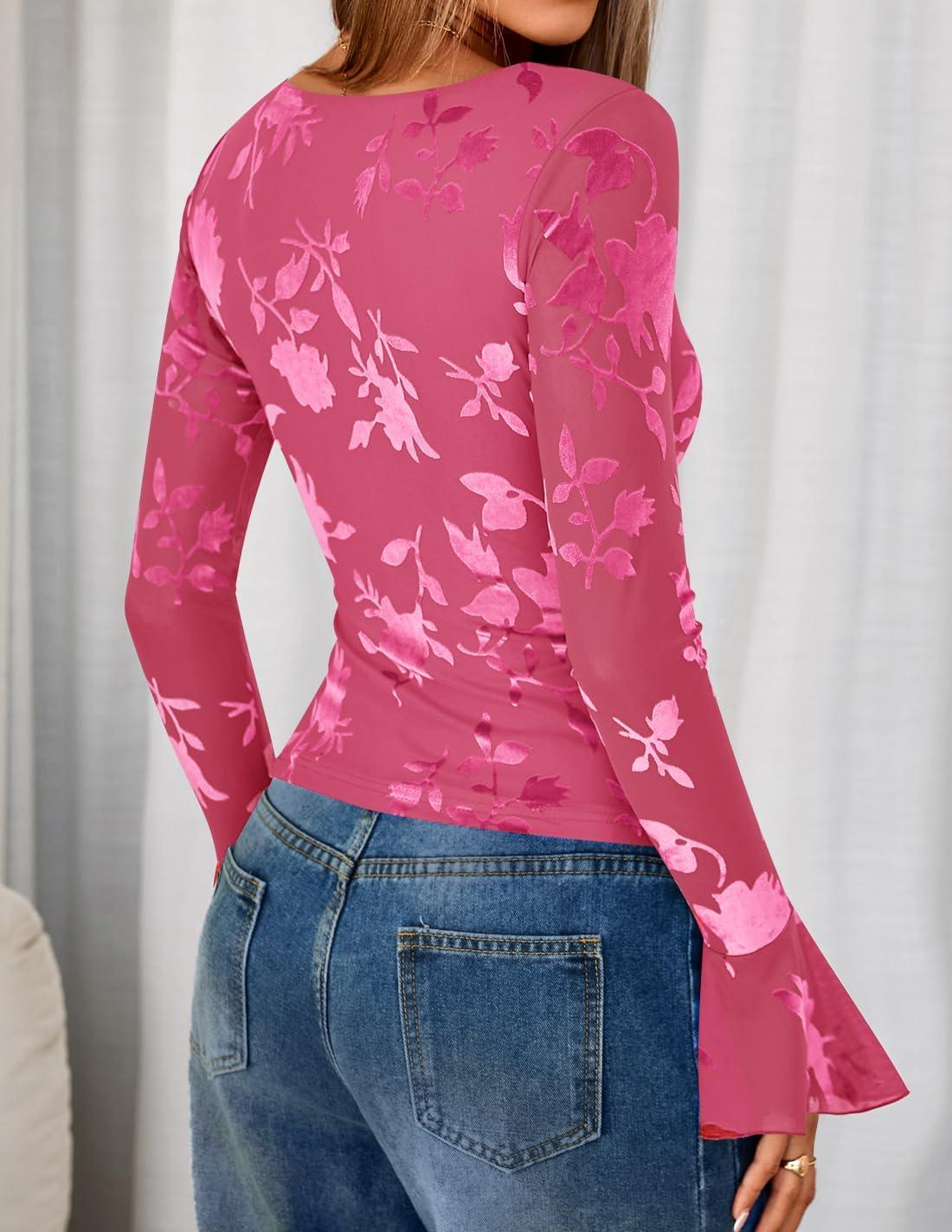 imageZESICA Womens Bell Long Sleeve Going Out Tops 2026 Spring Trendy Mesh Floral Fitted Shirts Cute Date Y2k Top OutfitsRose