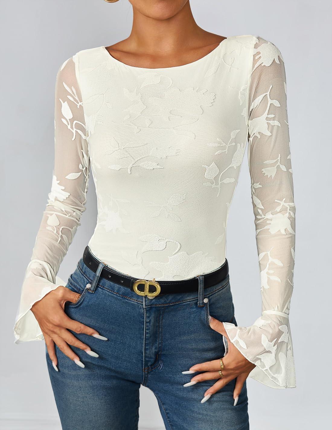 imageZESICA Womens Bell Long Sleeve Going Out Tops 2026 Spring Trendy Mesh Floral Fitted Shirts Cute Date Y2k Top OutfitsWhite