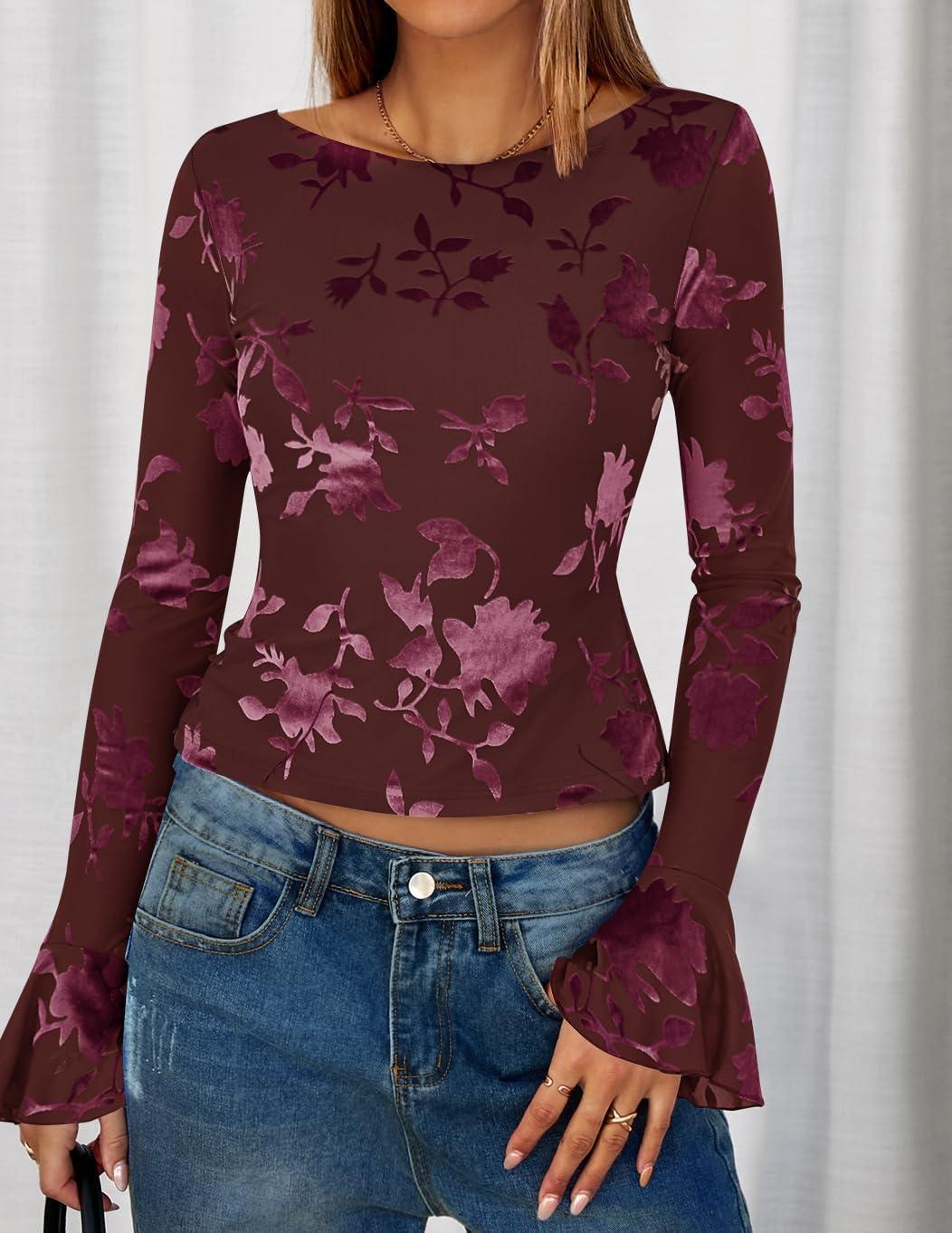 imageZESICA Womens Bell Long Sleeve Going Out Tops 2026 Spring Trendy Mesh Floral Fitted Shirts Cute Date Y2k Top OutfitsWine