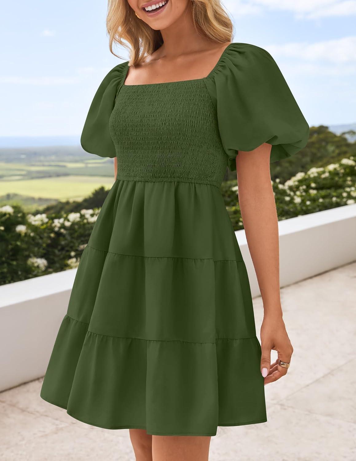 imageZESICA Womens Boho 2026 Summer Square Neck Puff Sleeve Off Shoulder Smocked Tiered Casual A Line Short Mini DressArmygreen
