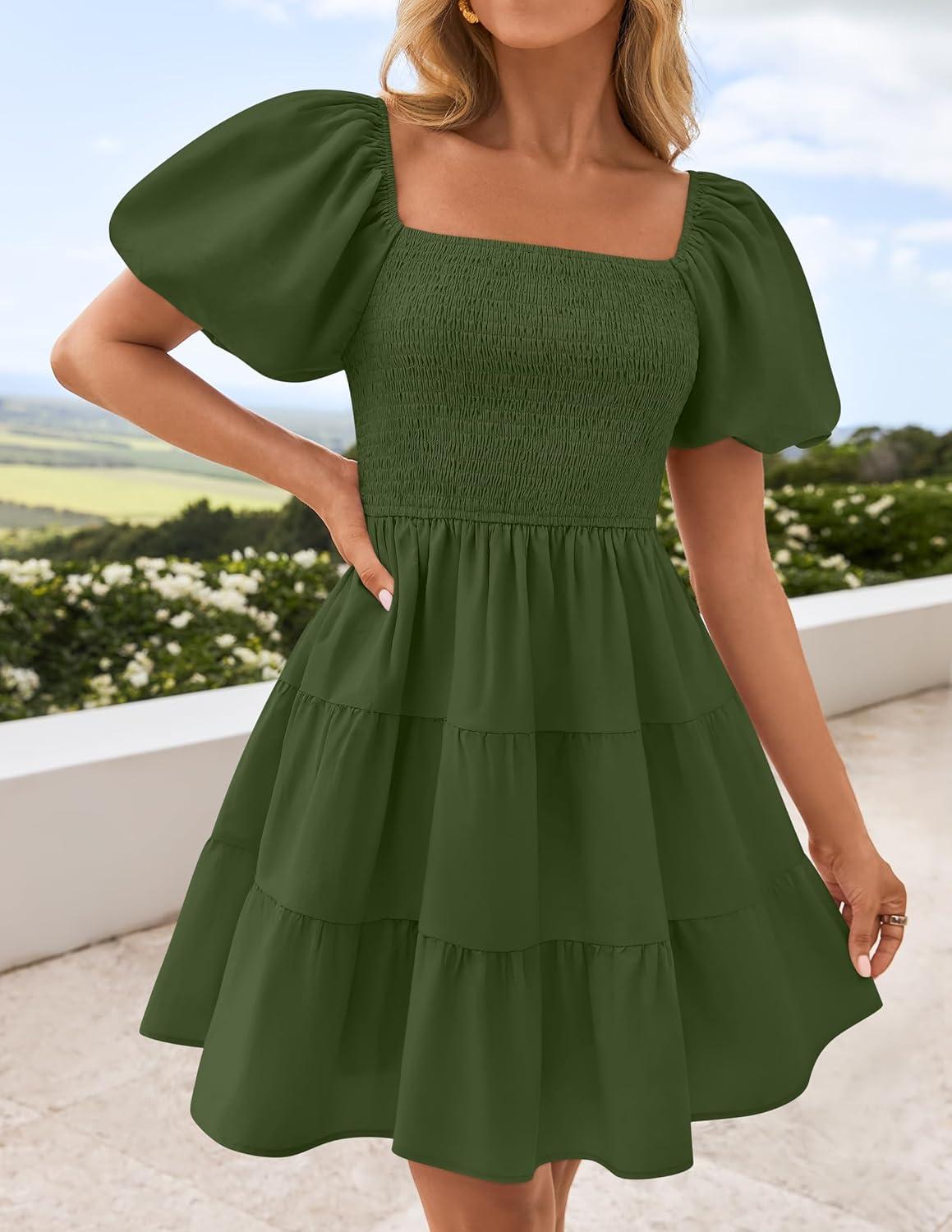 imageZESICA Womens Boho 2026 Summer Square Neck Puff Sleeve Off Shoulder Smocked Tiered Casual A Line Short Mini DressArmygreen