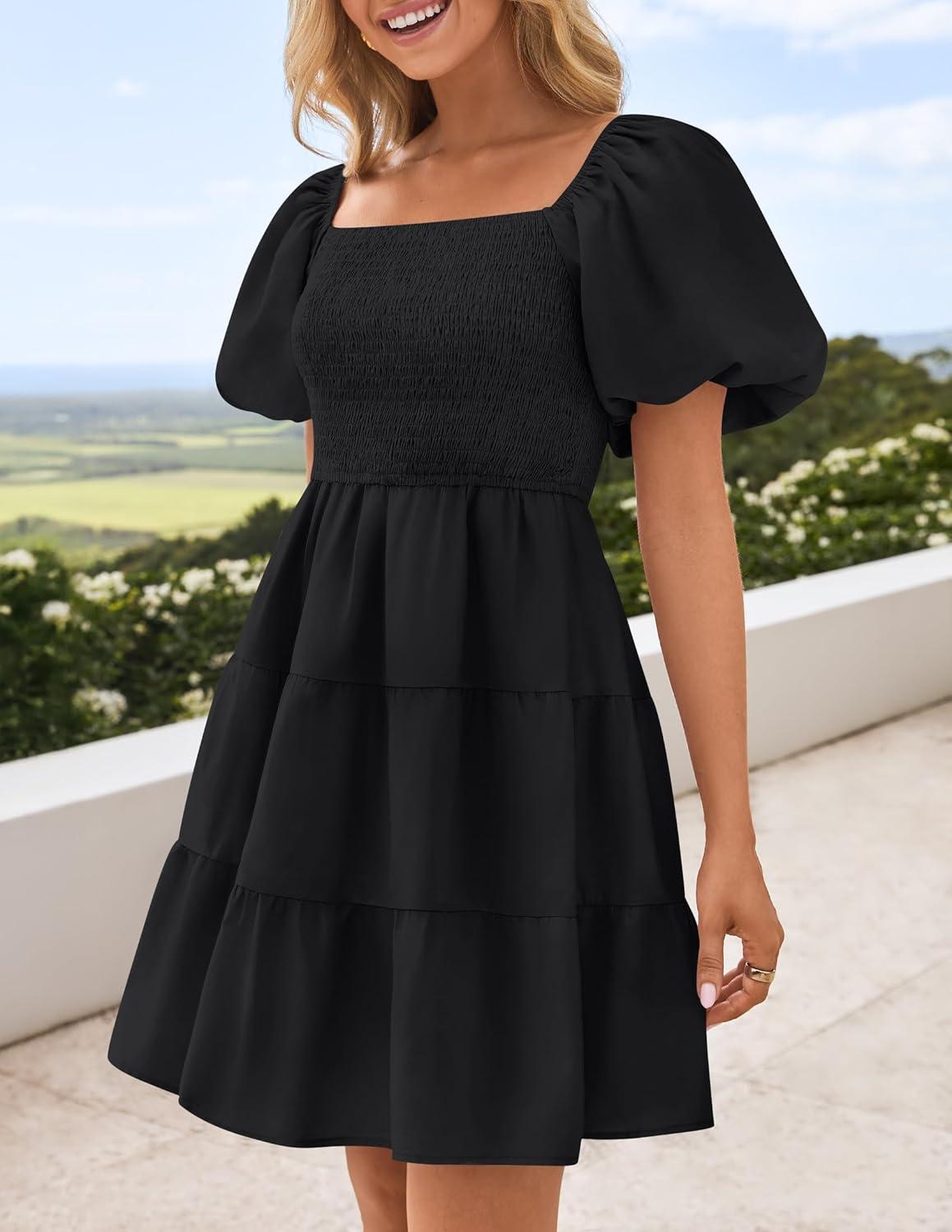 imageZESICA Womens Boho 2026 Summer Square Neck Puff Sleeve Off Shoulder Smocked Tiered Casual A Line Short Mini DressBlack
