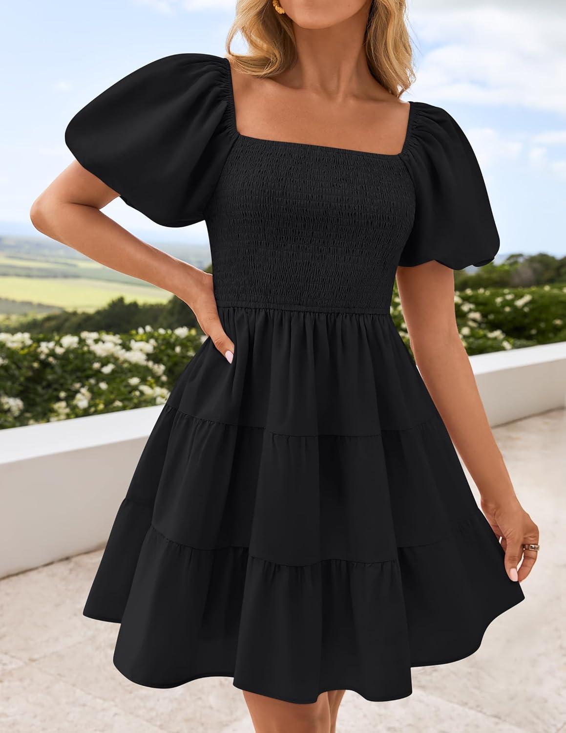 imageZESICA Womens Boho 2026 Summer Square Neck Puff Sleeve Off Shoulder Smocked Tiered Casual A Line Short Mini DressBlack