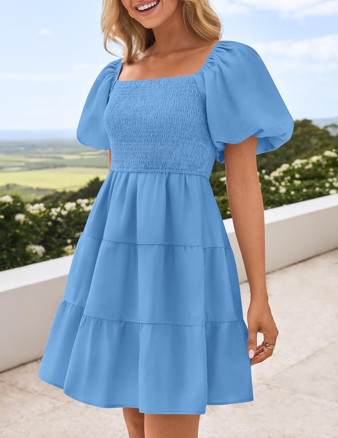 imageZESICA Womens Boho 2026 Summer Square Neck Puff Sleeve Off Shoulder Smocked Tiered Casual A Line Short Mini DressBlue
