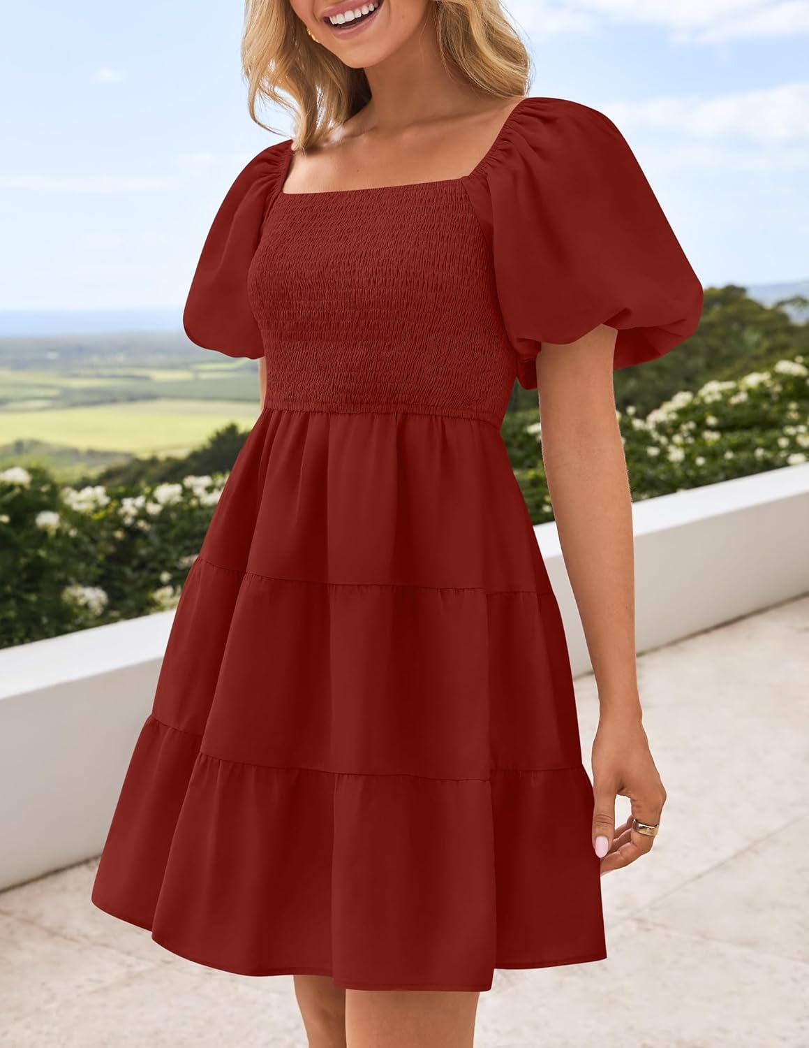 imageZESICA Womens Boho 2026 Summer Square Neck Puff Sleeve Off Shoulder Smocked Tiered Casual A Line Short Mini DressBrickred