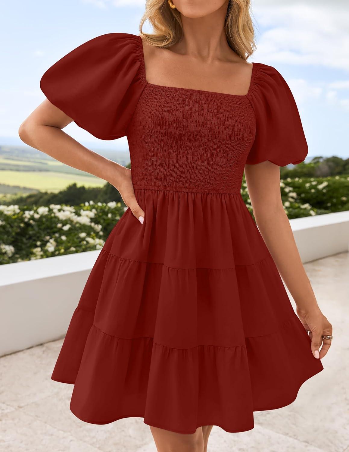 imageZESICA Womens Boho 2026 Summer Square Neck Puff Sleeve Off Shoulder Smocked Tiered Casual A Line Short Mini DressBrickred