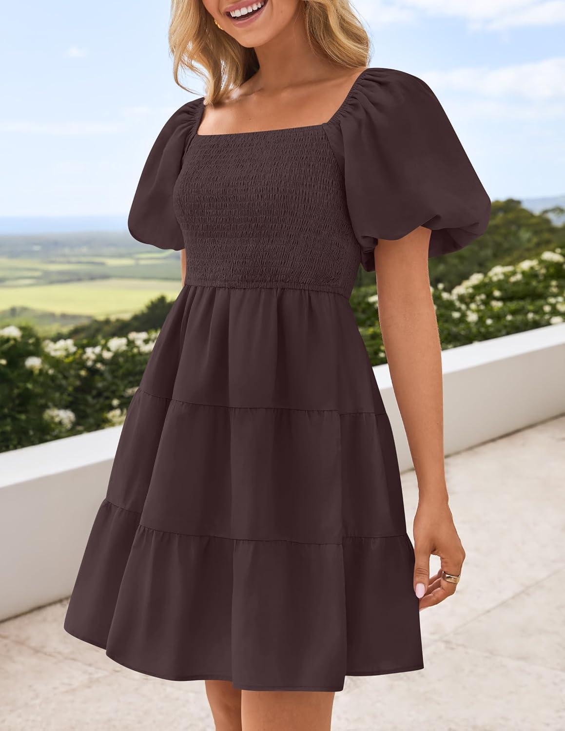 imageZESICA Womens Boho 2026 Summer Square Neck Puff Sleeve Off Shoulder Smocked Tiered Casual A Line Short Mini DressCoffee