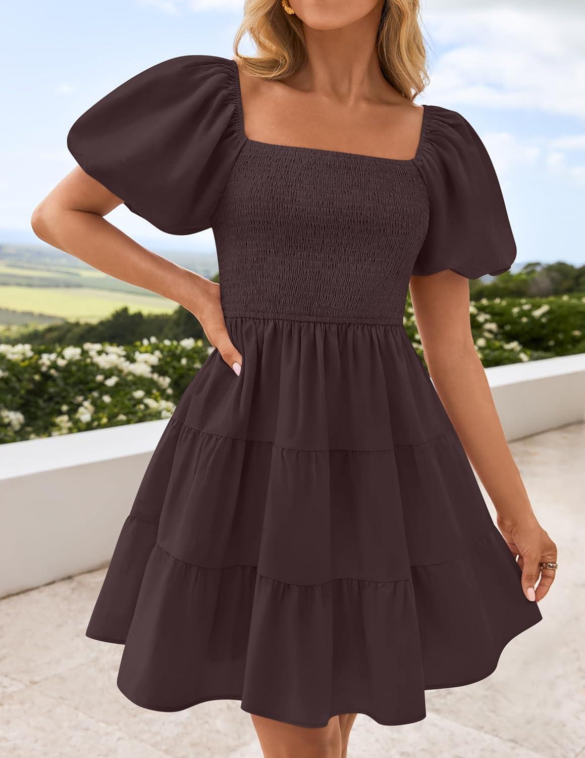 imageZESICA Womens Boho 2026 Summer Square Neck Puff Sleeve Off Shoulder Smocked Tiered Casual A Line Short Mini DressCoffee