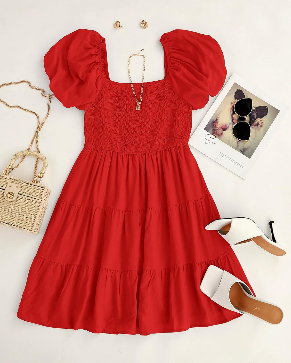 imageZESICA Womens Boho 2026 Summer Square Neck Puff Sleeve Off Shoulder Smocked Tiered Casual A Line Short Mini DressFirered