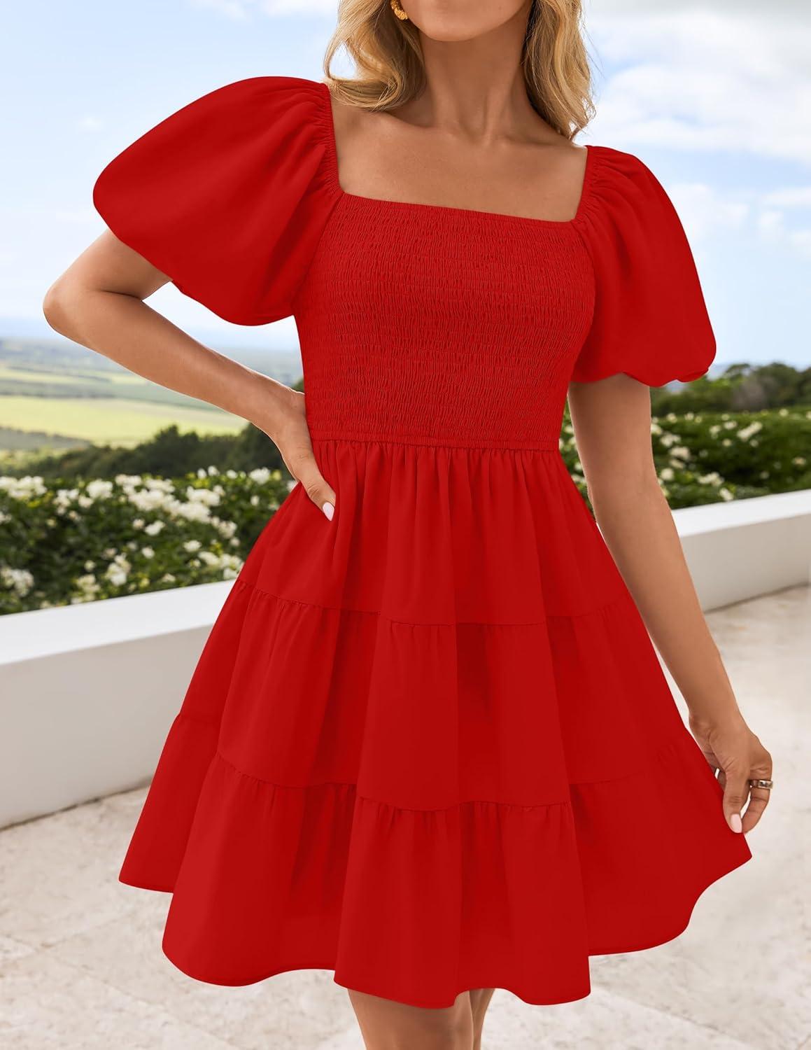 imageZESICA Womens Boho 2026 Summer Square Neck Puff Sleeve Off Shoulder Smocked Tiered Casual A Line Short Mini DressFirered