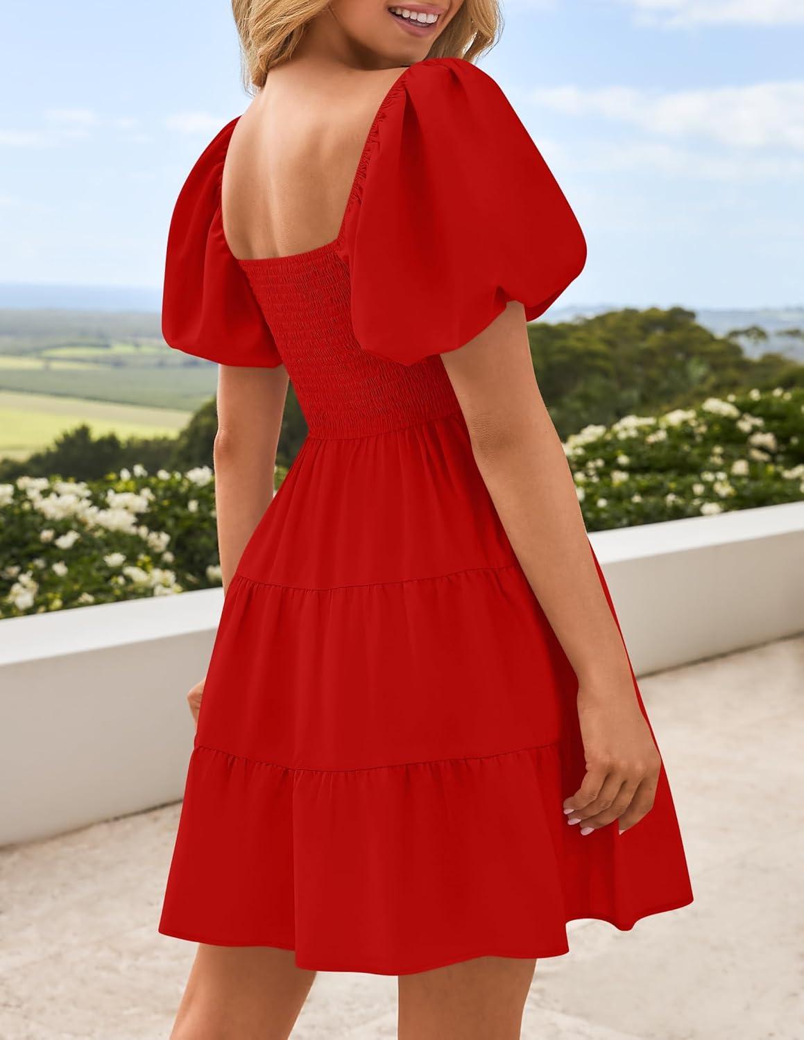 imageZESICA Womens Boho 2026 Summer Square Neck Puff Sleeve Off Shoulder Smocked Tiered Casual A Line Short Mini DressFirered