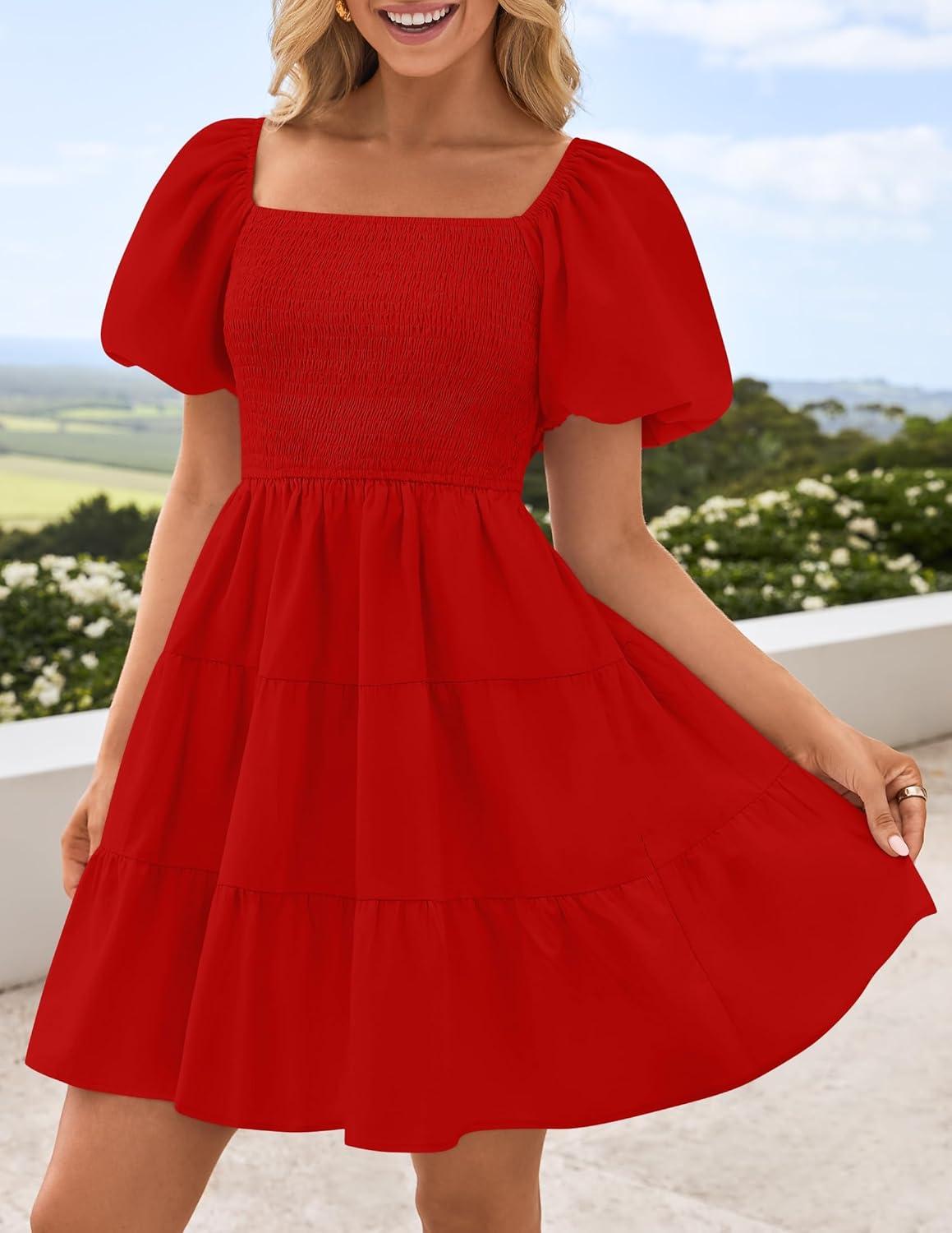 imageZESICA Womens Boho 2026 Summer Square Neck Puff Sleeve Off Shoulder Smocked Tiered Casual A Line Short Mini DressFirered