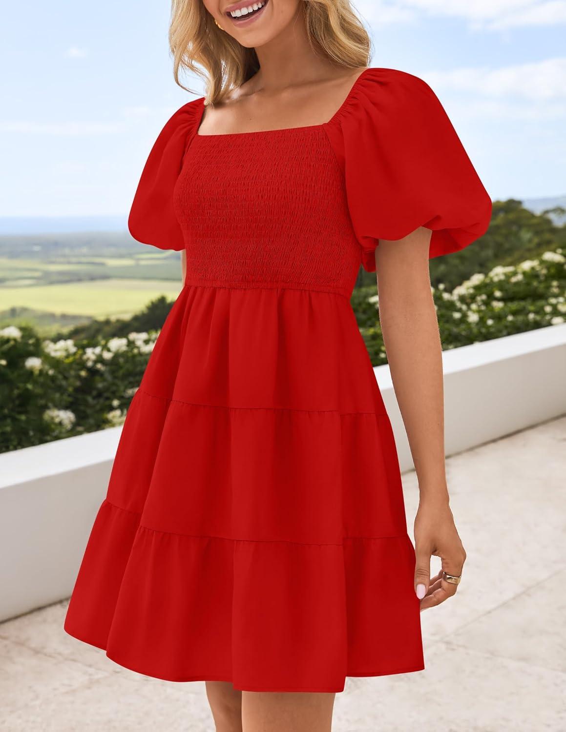 imageZESICA Womens Boho 2026 Summer Square Neck Puff Sleeve Off Shoulder Smocked Tiered Casual A Line Short Mini DressFirered