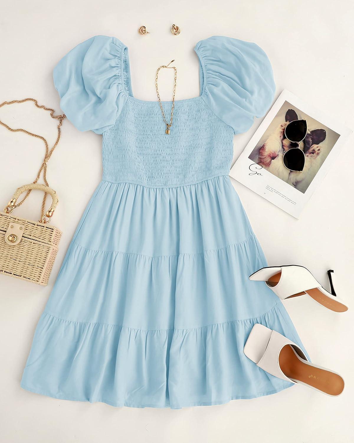 imageZESICA Womens Boho 2026 Summer Square Neck Puff Sleeve Off Shoulder Smocked Tiered Casual A Line Short Mini DressLightblue