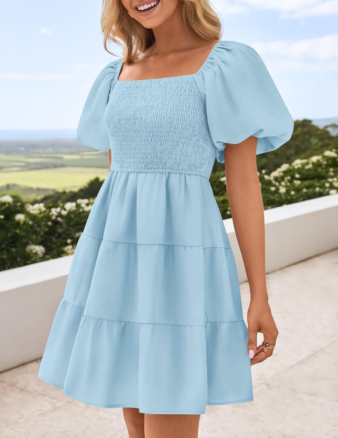 imageZESICA Womens Boho 2026 Summer Square Neck Puff Sleeve Off Shoulder Smocked Tiered Casual A Line Short Mini DressLightblue
