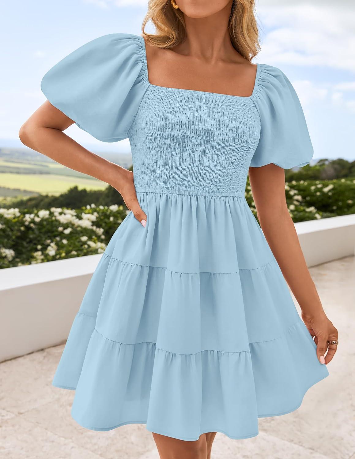 imageZESICA Womens Boho 2026 Summer Square Neck Puff Sleeve Off Shoulder Smocked Tiered Casual A Line Short Mini DressLightblue