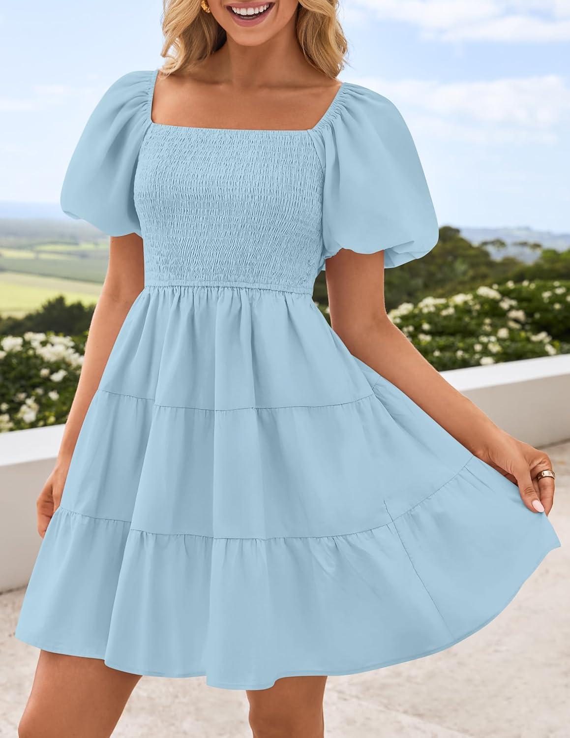 imageZESICA Womens Boho 2026 Summer Square Neck Puff Sleeve Off Shoulder Smocked Tiered Casual A Line Short Mini DressLightblue