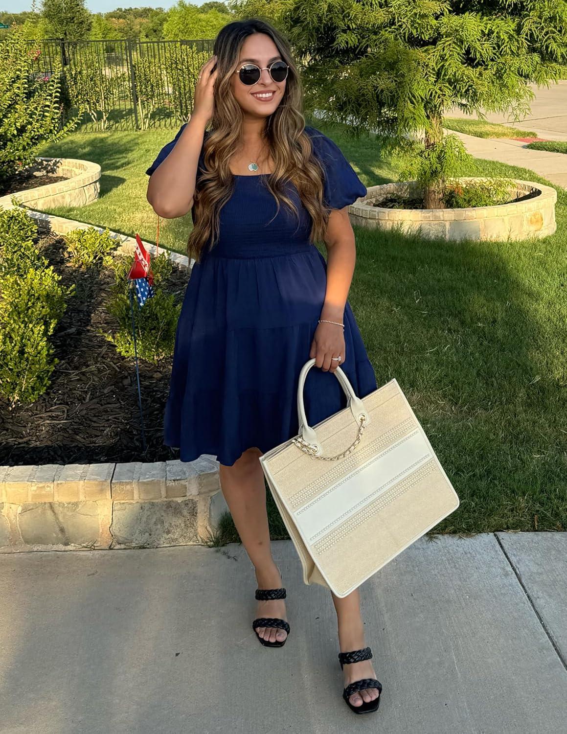 imageZESICA Womens Boho 2026 Summer Square Neck Puff Sleeve Off Shoulder Smocked Tiered Casual A Line Short Mini DressNavy