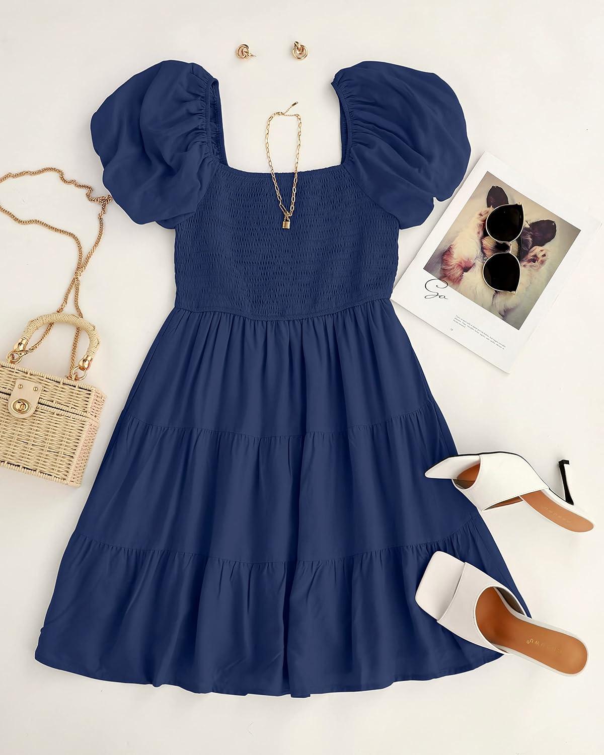 imageZESICA Womens Boho 2026 Summer Square Neck Puff Sleeve Off Shoulder Smocked Tiered Casual A Line Short Mini DressNavy