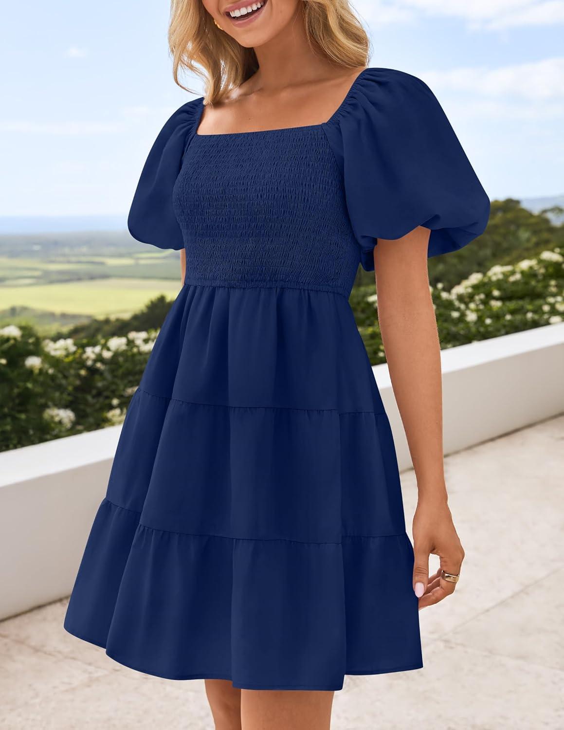 imageZESICA Womens Boho 2026 Summer Square Neck Puff Sleeve Off Shoulder Smocked Tiered Casual A Line Short Mini DressNavy