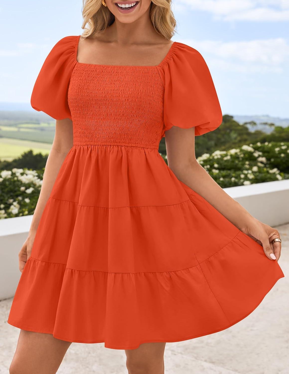 imageZESICA Womens Boho 2026 Summer Square Neck Puff Sleeve Off Shoulder Smocked Tiered Casual A Line Short Mini DressOrange