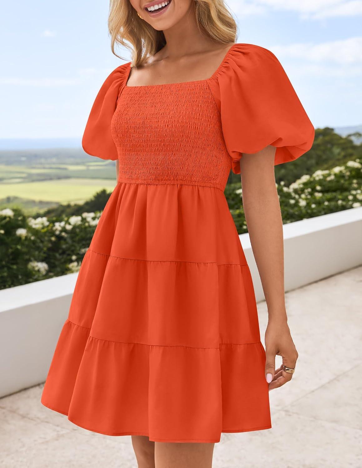 imageZESICA Womens Boho 2026 Summer Square Neck Puff Sleeve Off Shoulder Smocked Tiered Casual A Line Short Mini DressOrange