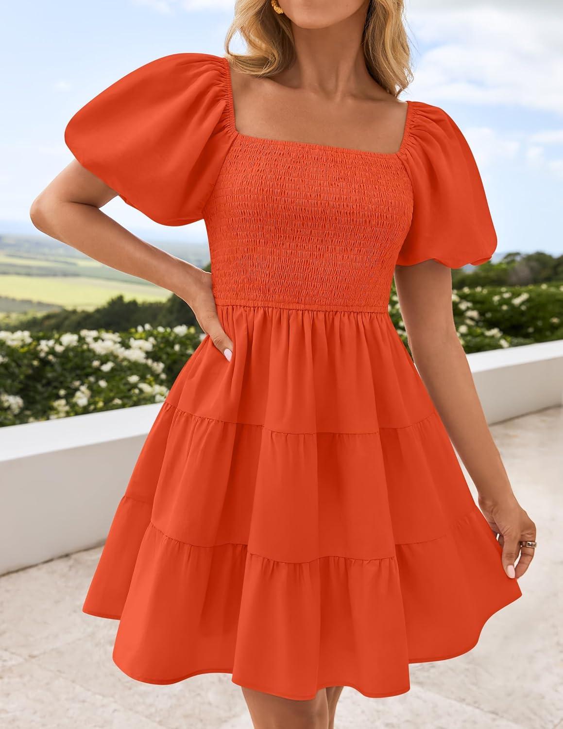 imageZESICA Womens Boho 2026 Summer Square Neck Puff Sleeve Off Shoulder Smocked Tiered Casual A Line Short Mini DressOrange
