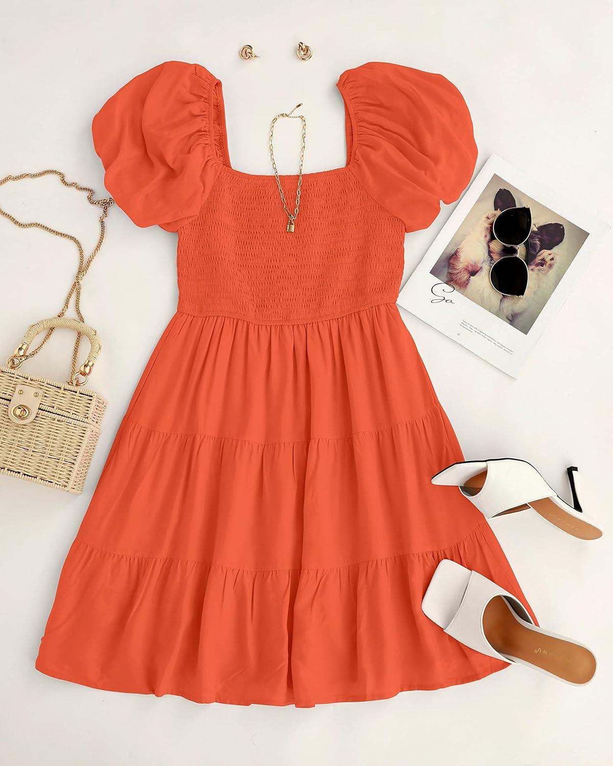 imageZESICA Womens Boho 2026 Summer Square Neck Puff Sleeve Off Shoulder Smocked Tiered Casual A Line Short Mini DressOrange
