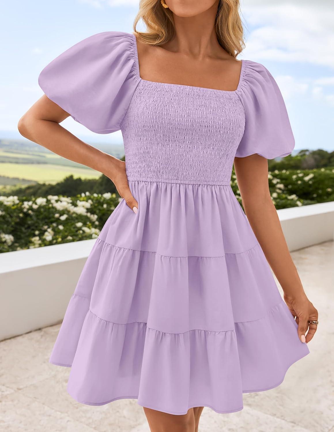 imageZESICA Womens Boho 2026 Summer Square Neck Puff Sleeve Off Shoulder Smocked Tiered Casual A Line Short Mini DressPurple