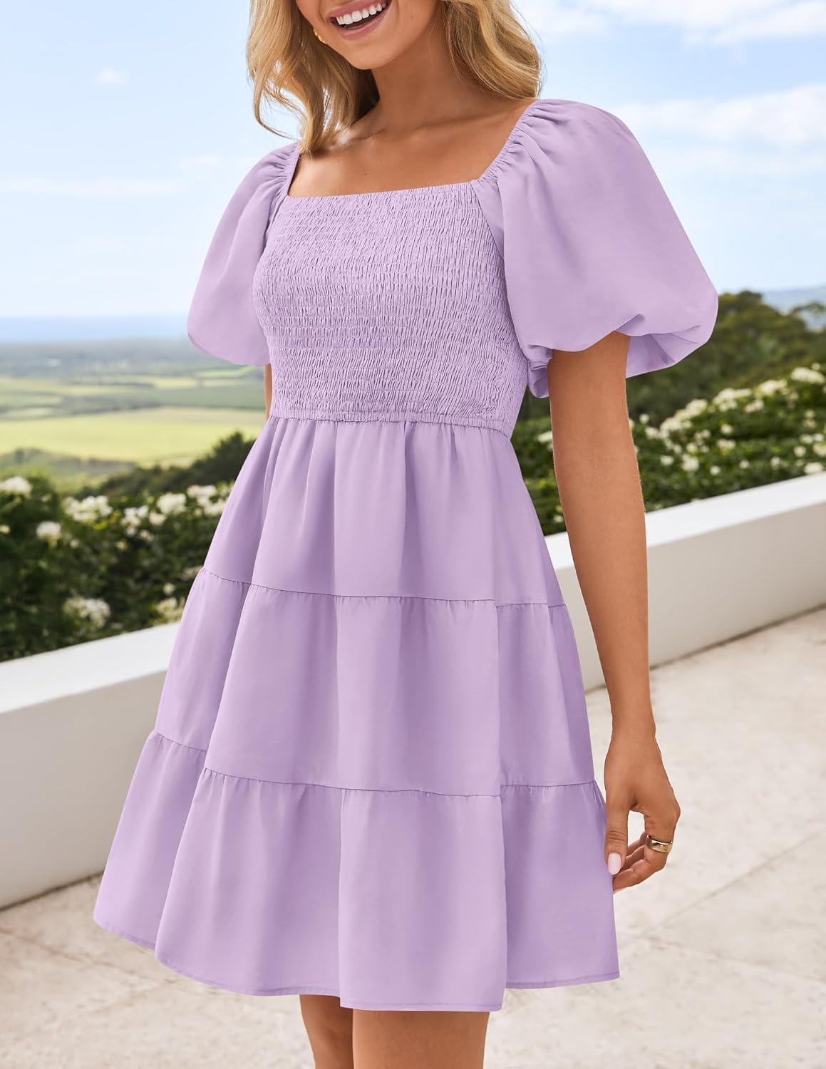 imageZESICA Womens Boho 2026 Summer Square Neck Puff Sleeve Off Shoulder Smocked Tiered Casual A Line Short Mini DressPurple