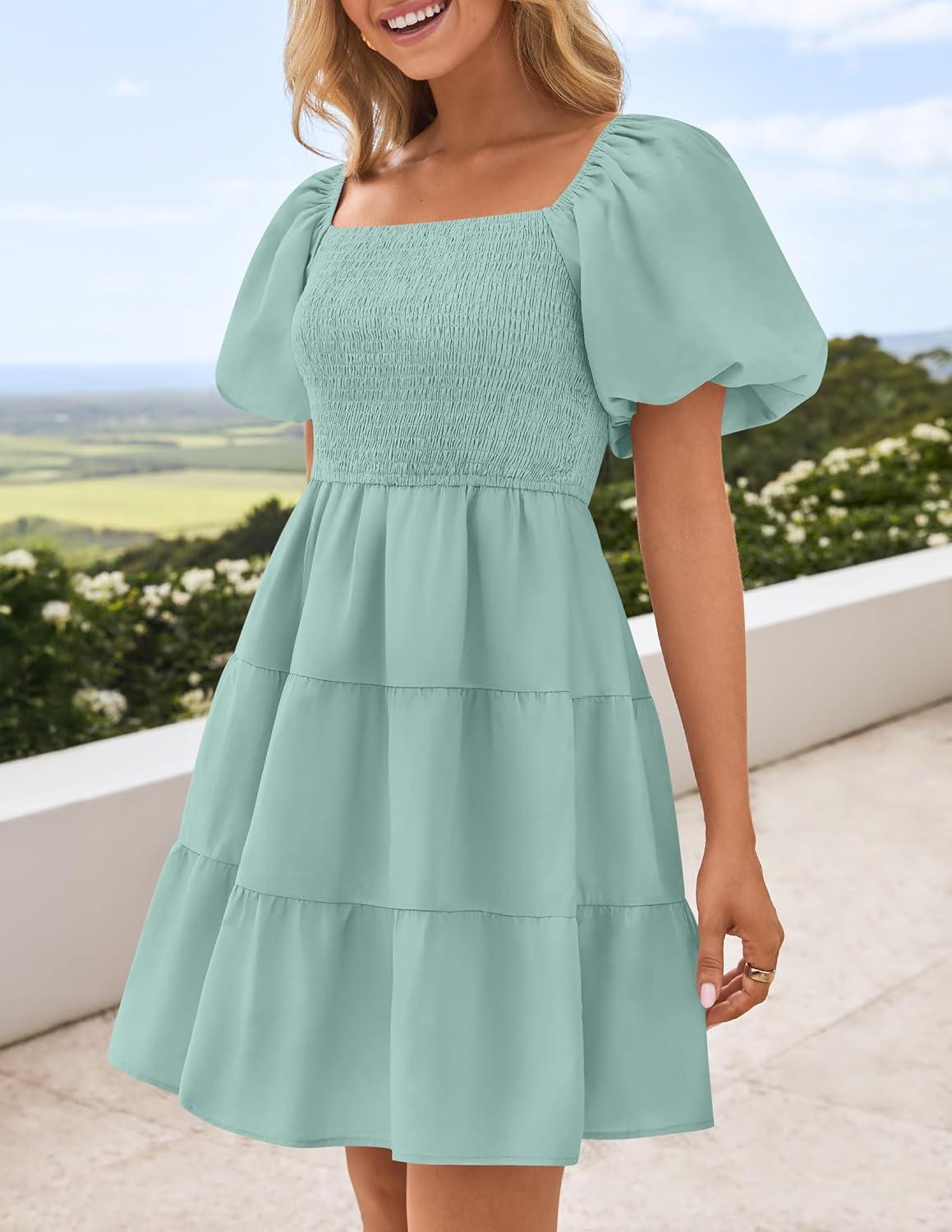 imageZESICA Womens Boho 2026 Summer Square Neck Puff Sleeve Off Shoulder Smocked Tiered Casual A Line Short Mini DressSage