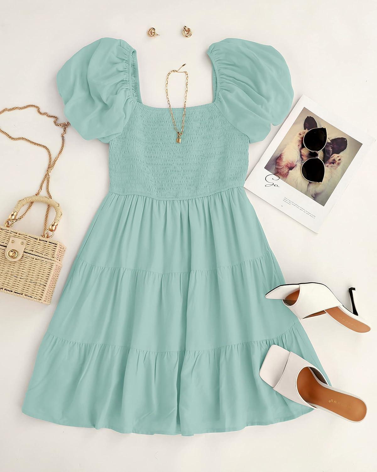 imageZESICA Womens Boho 2026 Summer Square Neck Puff Sleeve Off Shoulder Smocked Tiered Casual A Line Short Mini DressSage