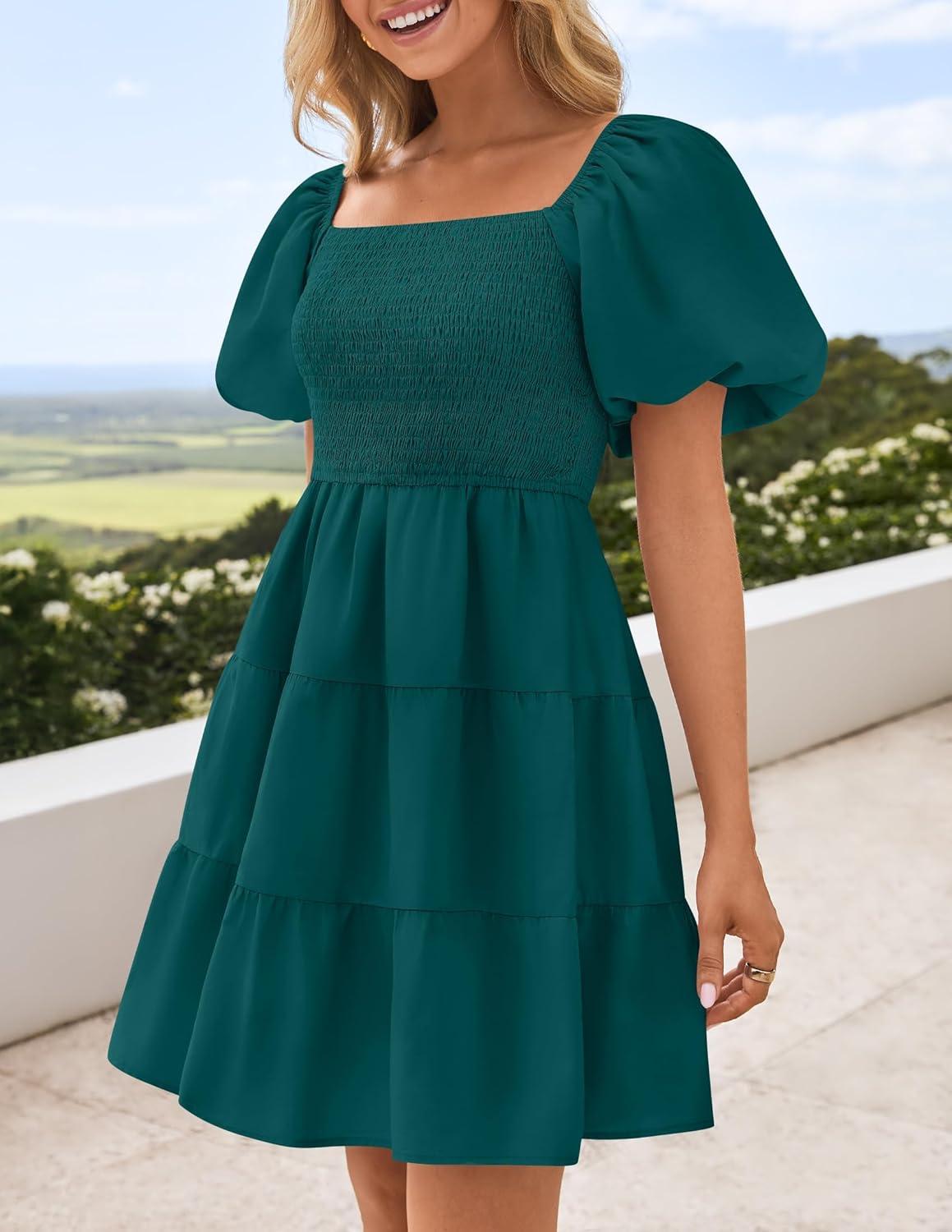 imageZESICA Womens Boho 2026 Summer Square Neck Puff Sleeve Off Shoulder Smocked Tiered Casual A Line Short Mini DressTeal