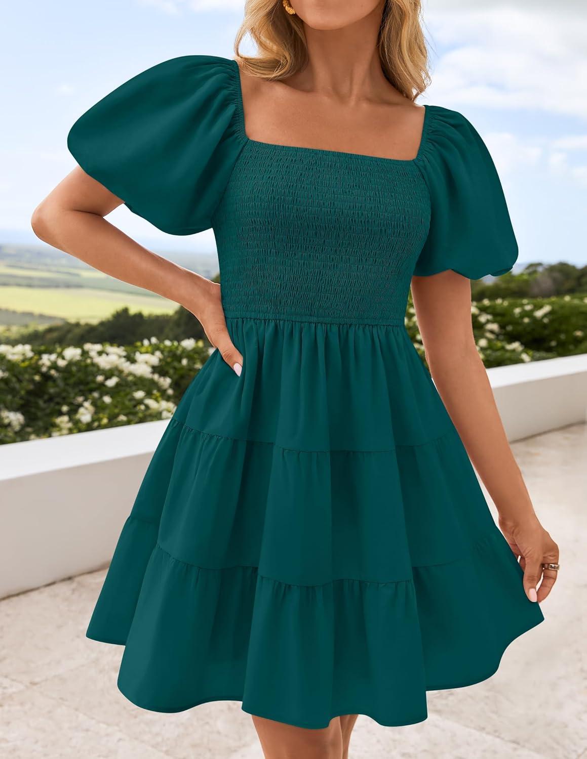 imageZESICA Womens Boho 2026 Summer Square Neck Puff Sleeve Off Shoulder Smocked Tiered Casual A Line Short Mini DressTeal