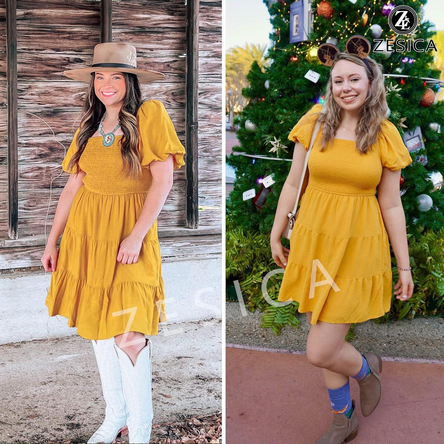 imageZESICA Womens Boho 2026 Summer Square Neck Puff Sleeve Off Shoulder Smocked Tiered Casual A Line Short Mini DressYellow