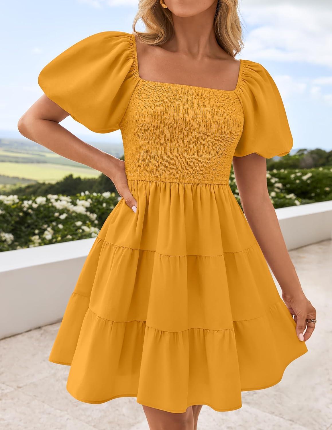imageZESICA Womens Boho 2026 Summer Square Neck Puff Sleeve Off Shoulder Smocked Tiered Casual A Line Short Mini DressYellow