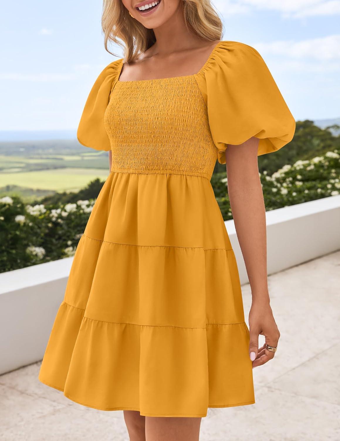 imageZESICA Womens Boho 2026 Summer Square Neck Puff Sleeve Off Shoulder Smocked Tiered Casual A Line Short Mini DressYellow