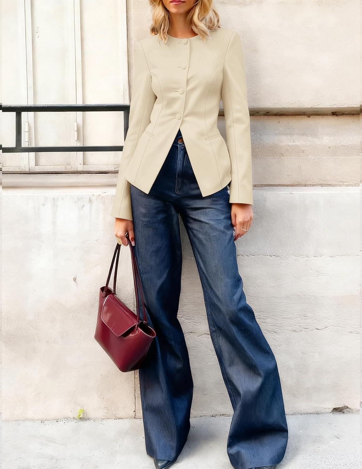 imageZESICA Womens Business Casual Blazers Fall Long Sleeve Button Suit Jackets Office Work Outfits Fitted Blazer Clothes 2026Apricot