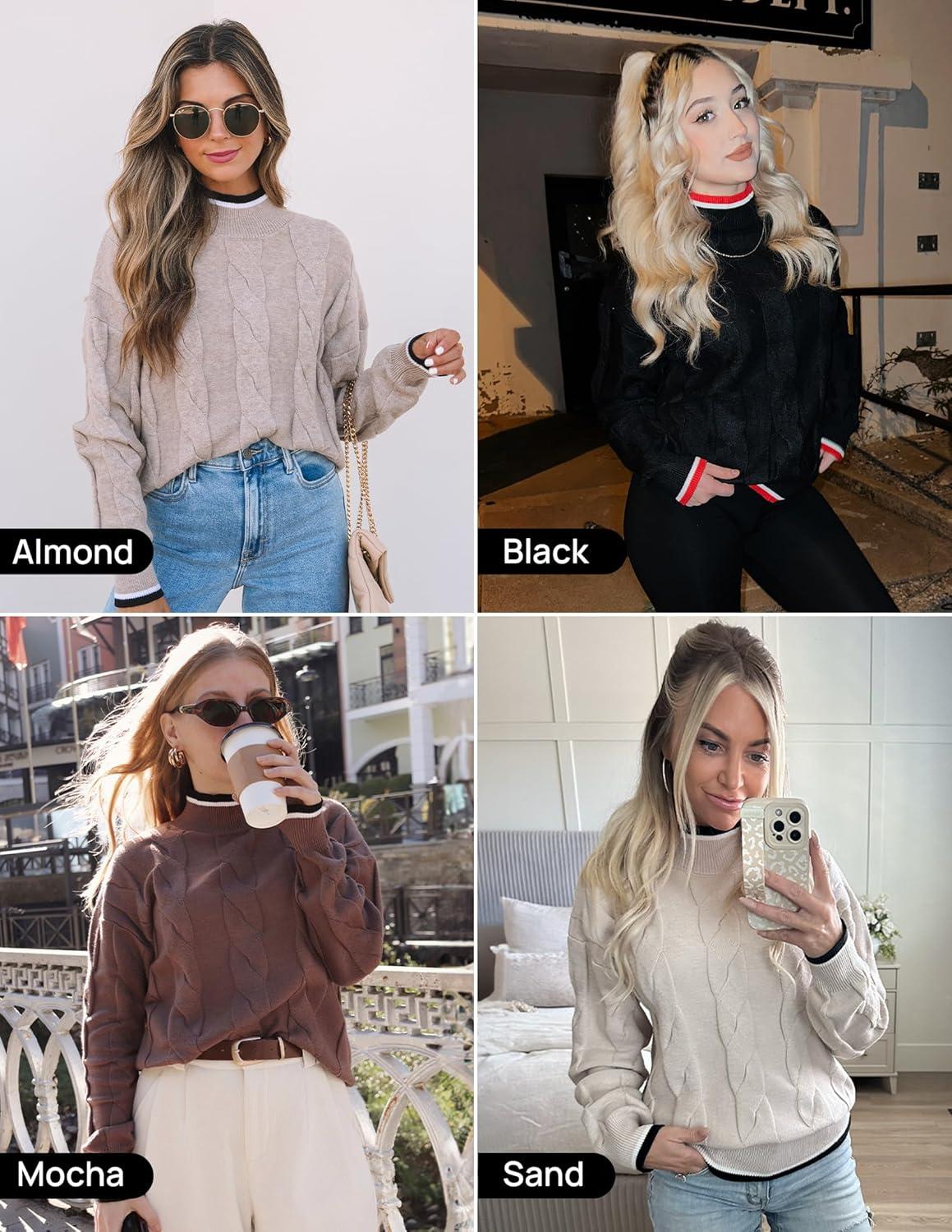 imageZESICA Womens Casual Long Sleeve Mock Neck Cable Knit Contrast Color Fall 2026 Winter Chunky Pullover SweaterAlmond
