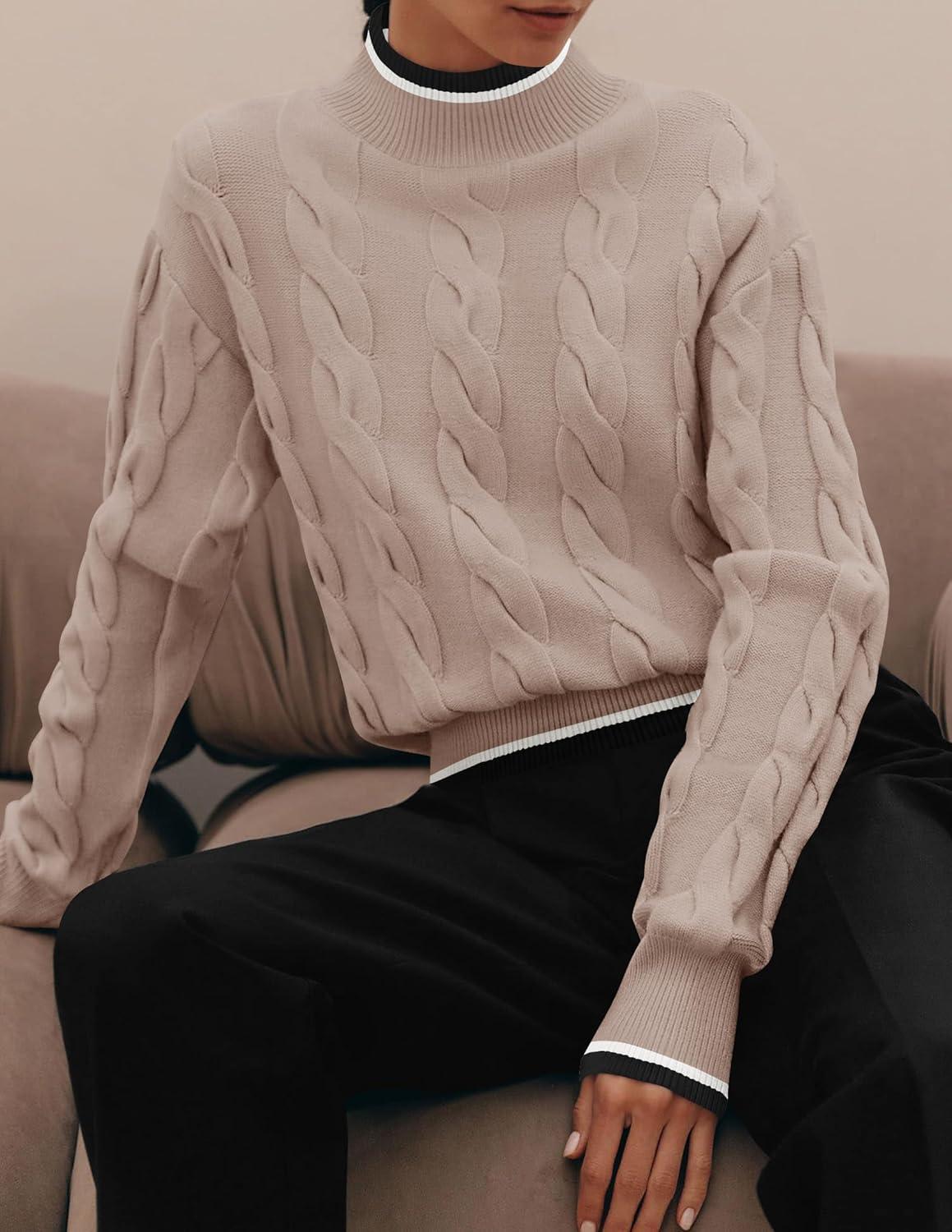 imageZESICA Womens Casual Long Sleeve Mock Neck Cable Knit Contrast Color Fall 2026 Winter Chunky Pullover SweaterAlmond